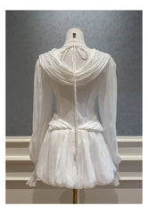 White Pleated V-Neck Long Sleeve Wrap Mini Dress