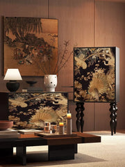 Decorative interior setting with ornate furniture and wall art in a room.