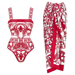 Red and White Patterned Two Piece Swimsuit Set