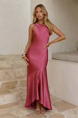 Satin Backless Asymmetrical Hem Maxi Dress