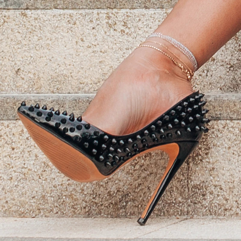 Women's Rivet Pumps Gemstone Spike Bling Heeled Shoes