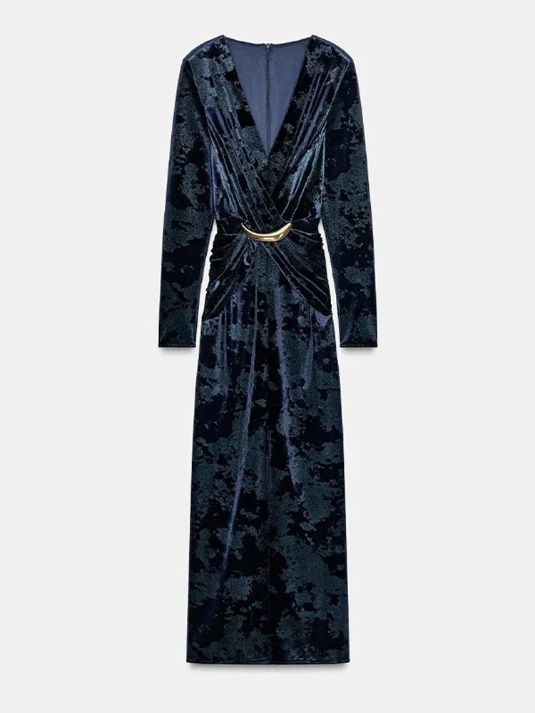 Dark blue velvet dress with a belt on a white background