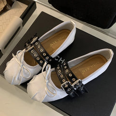 Silk Ballet Flats with Butterfly-Knot and Buckle Straps