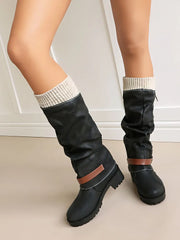 Knit Cuff Faux Leather Buckle Riding Boots