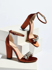Crystal Embellished Square Heel Ankle Strap Sandals