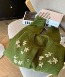 Flower Embroidery Sweater Green Cashmere Cardigan