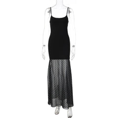 Black Polka Dot Mesh Hem Maxi Dress