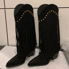 Metal Rivet Tassel Knee High Boots