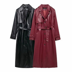 Lapel Pocket Belt Faux Leather Long Coat