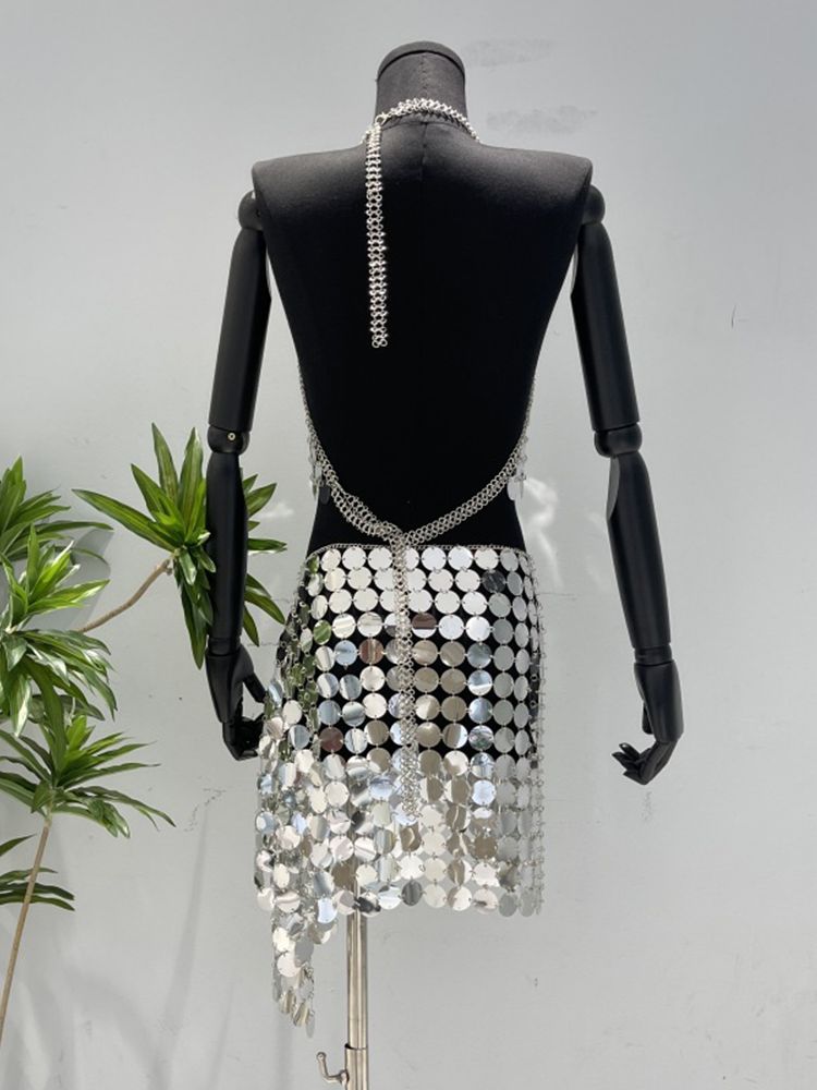Women's V-neck Backless Silver Sequin Chain Mini Dress