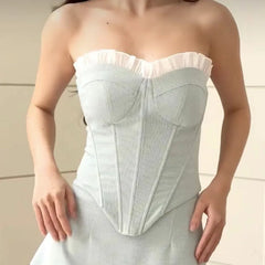 Gray Spliced White Wood ears Corset Fish Bone Strapless Top