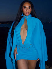 Turtleneck batwing sleeve mini dress with close-up of embellishments