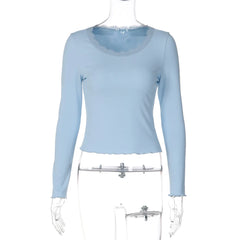 Ribbed Lace Trim Long Sleeve Top
