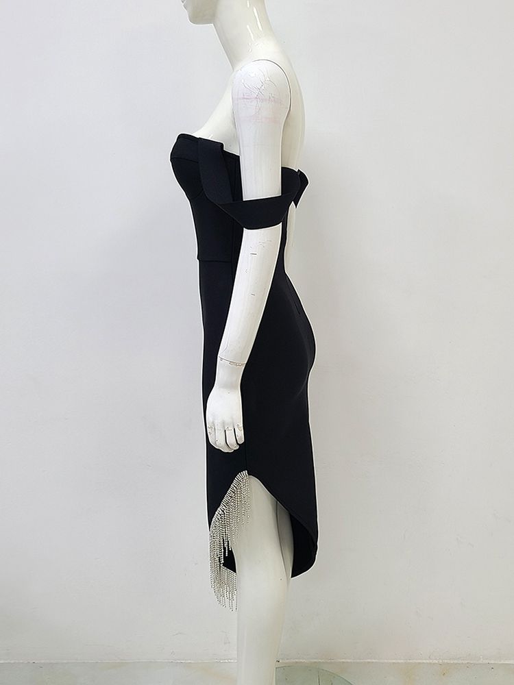 Women's V-neck Off Shoulder Diamond Tassel Asymmetric Midi Dress 