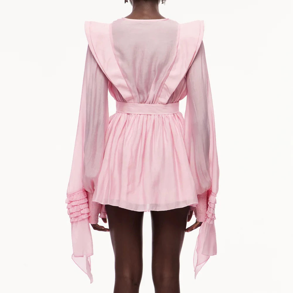 Pink dress with long sleeves and a belt - back