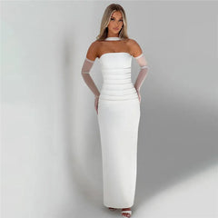 White Mesh Sleeve Off-shoulder Long Dress