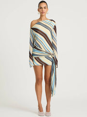 Front view of a striped one-shoulder mini dress