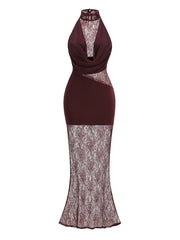 Burgendy Turtleneck Lace Patchwork Folds Maxi Dress