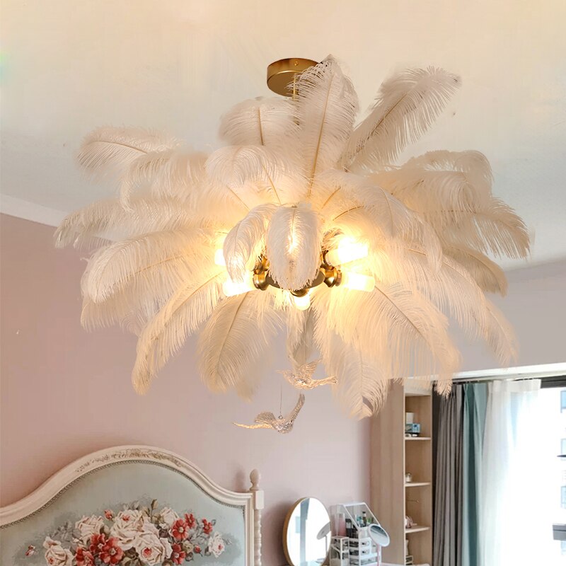 White Ostrich Feather Living Room Hanging Chandelier