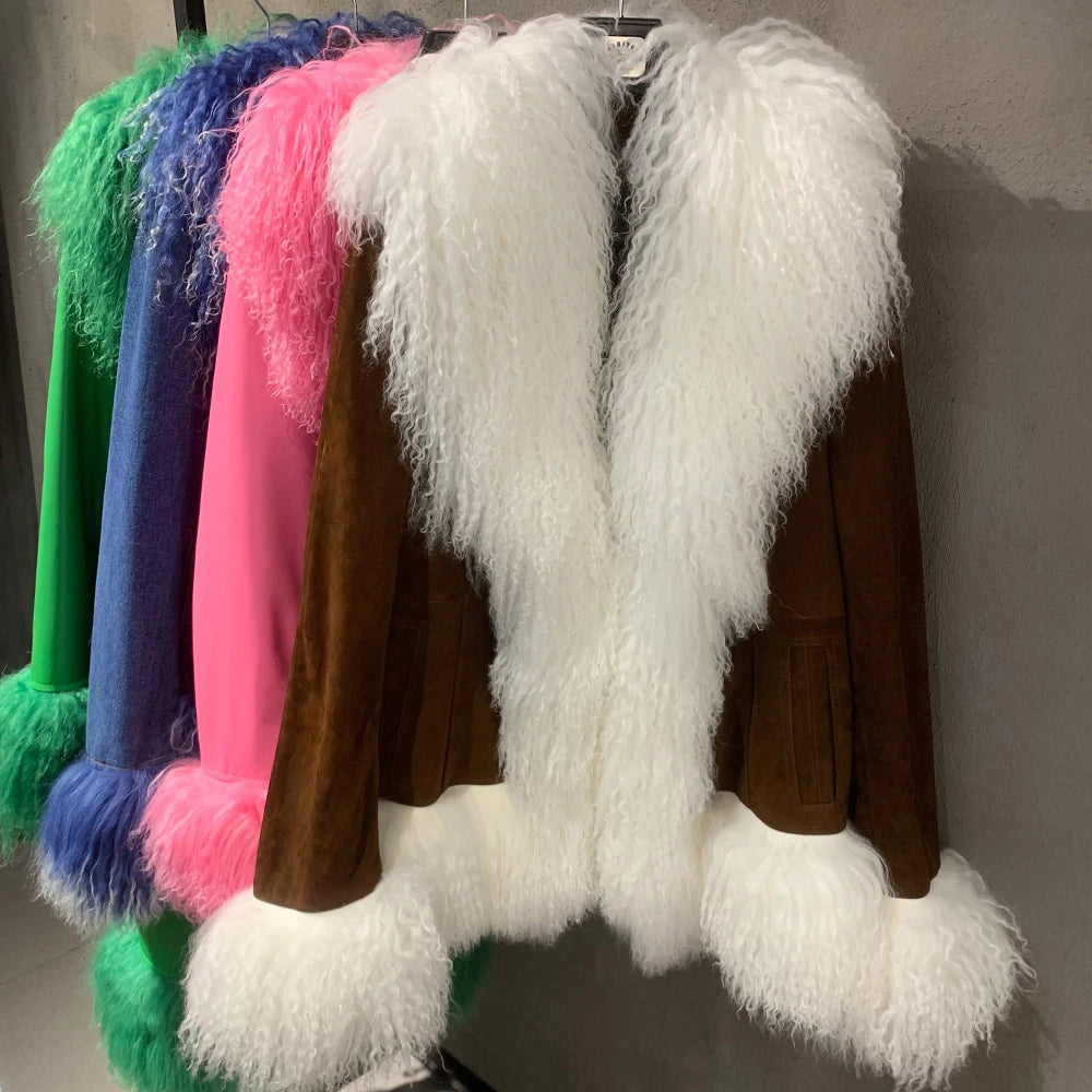 Row of colorful fur-trimmed jackets on hangers against a neutral background