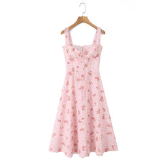 Floral print corset style midi dress on hanger front view