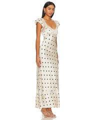 Satin Polka Dot Cap Sleeve Maxi Dress