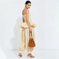 Yellow Peplum Tube Top And Balloon Pants Set