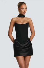 Strapless choker neck ruched mini dress in black