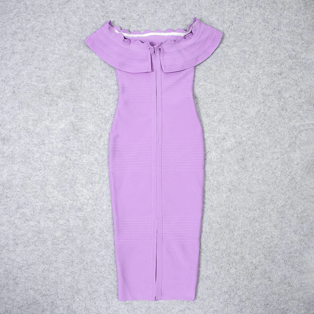 Purple off-shoulder dress on a gray background