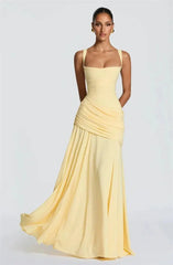 Square Neck Drape Waist Floor-Length Dress