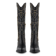 Front view of black studded chain western boots