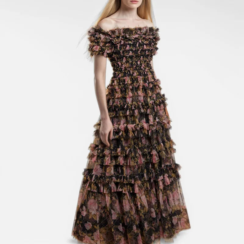 Woman wearing a floral off-shoulder dress 