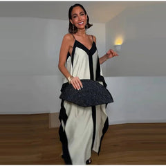 Satin Flowy Contrast Trim V Neck Maxi Dress