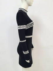 Women's Round Neck Long Sleeve Diamond Mini Elegant Dress
