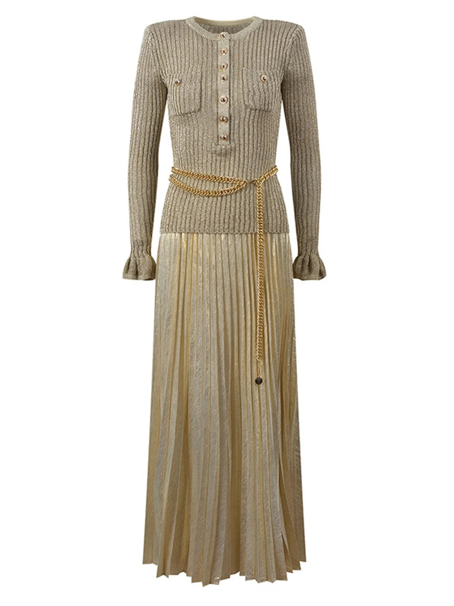 Two-tone dress with ribbed top and pleated skirt on a white background