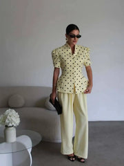 Polka Dot Puff Sleeve Mock Collar Top
