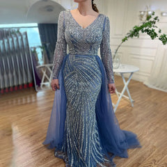 Blue Mermaid Elegant Evening Dresses Long Sleeves Luxury Beaded Party Gowns For Women  Golden Atelier 1