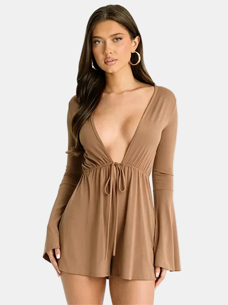 Plunge neck bell sleeve playsuit in taupe