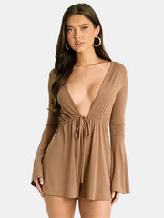 Plunge neck bell sleeve playsuit in taupe