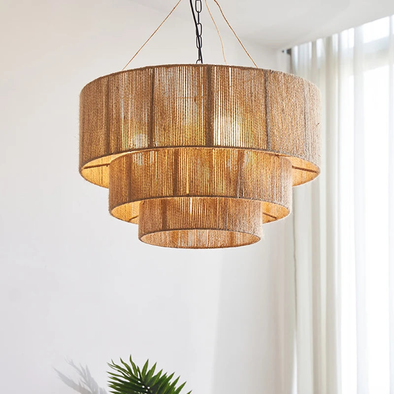 Close-up of a Nordic hemp rope pendant light, showcasing its intricate handwoven texture and warm LED glow. A