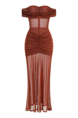 Close-up of the bodice on the off-the-shoulder sheer tulle maxi dress