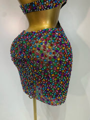 High Neck Rhinestone Side Cut Out Bodycon Mini Dress