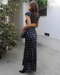 Satin Polka Dot Cap Sleeve Maxi Dress