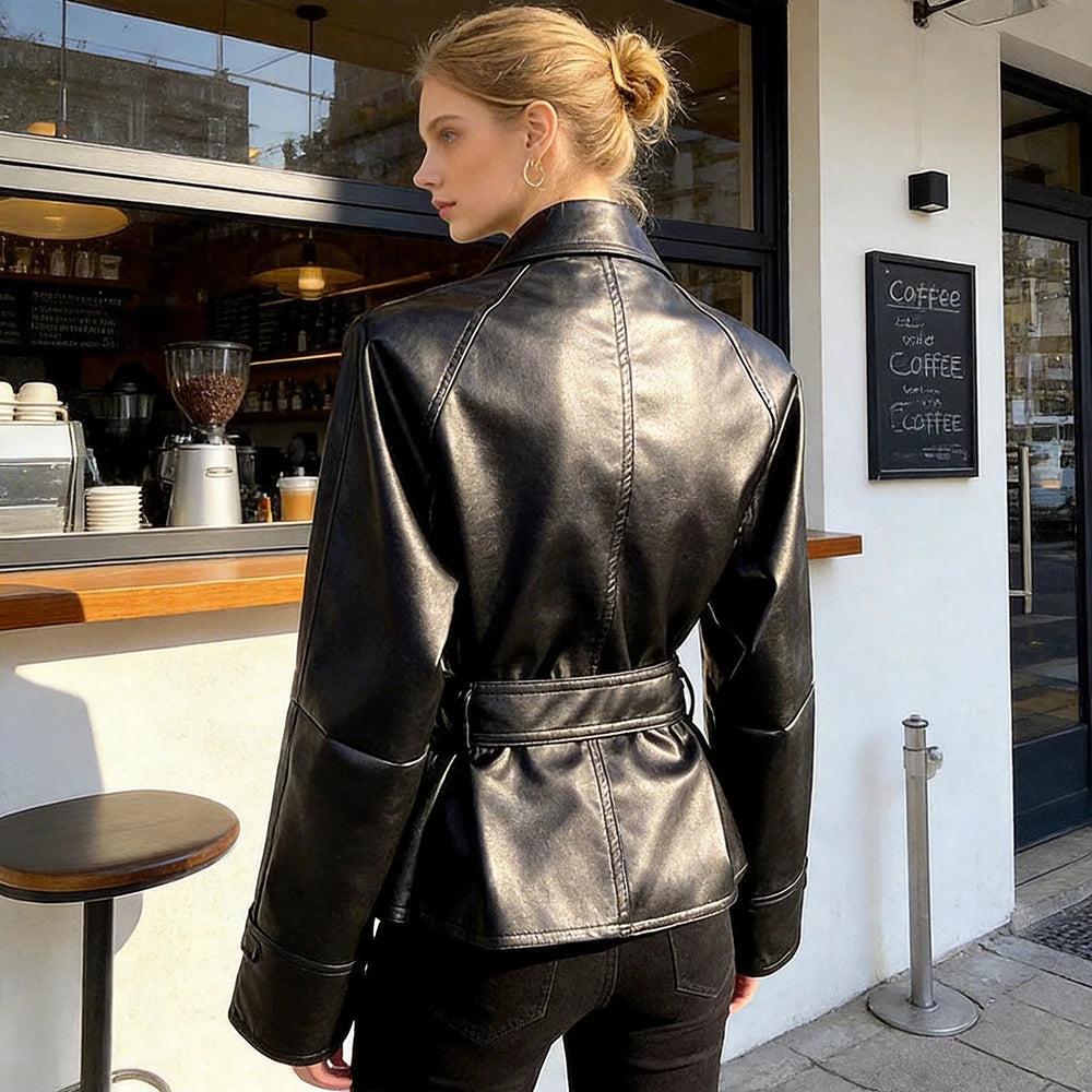 Back view of a belted faux leather jacket on a model