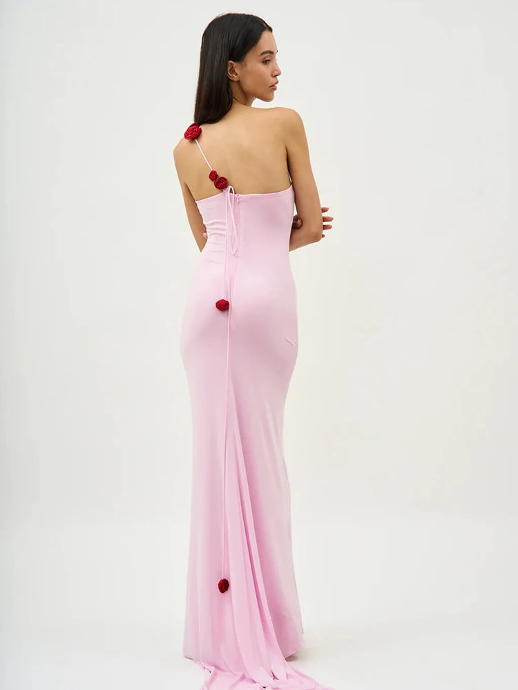 Pink evening gown with red floral details - Back View