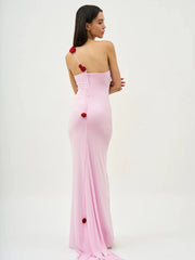 Pink evening gown with red floral details - Back View