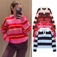 Striped knit polo collar top