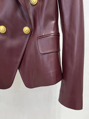 Double-breasted lion button pu leather blazer