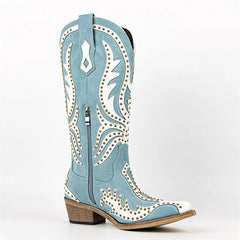 Light blue cowboy boot with white decorative patterns on a white background