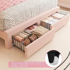 Pink bed with a large capacity drawer filled with clothes, showing ease of use.